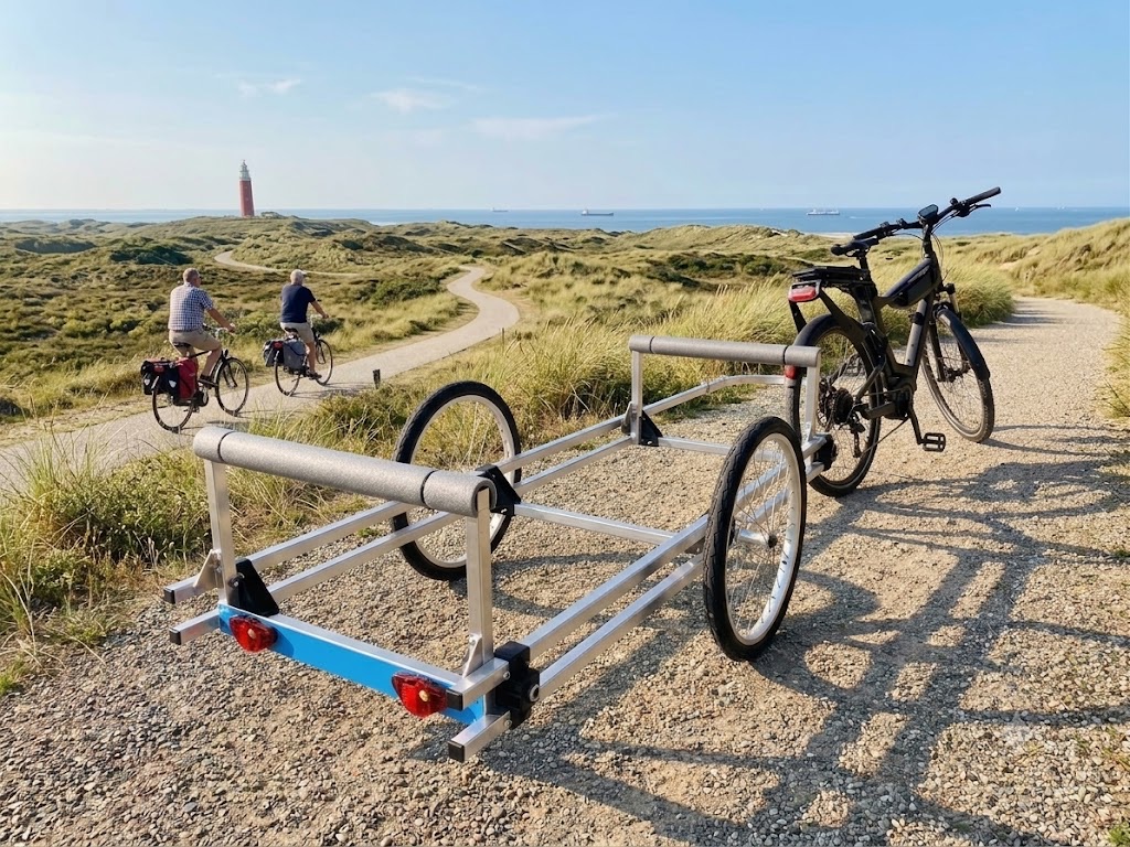 Trahera fietsaanhanger achter een e-bike in de duinen